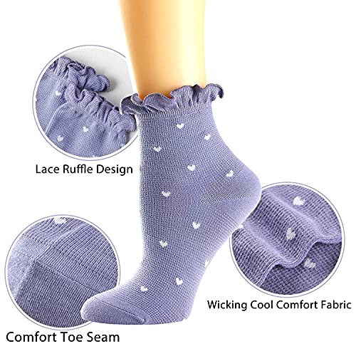 Women's Socks,Ruffle Ankle Socks Comfort Cool Thin Cotton Knit Low Cut Hearts Pattern Cute Frilly Socks For Women,Kawaii Mary Jane Socks 6-pair Pack