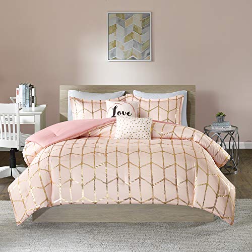 Intelligent Design Raina Comforter Set Metallic Print Geometric Design, Modern Trendy All Season Bedding Set, Matching Sham, Decorative Pillow, Blush/Gold, Full/Queen, 5 Piece