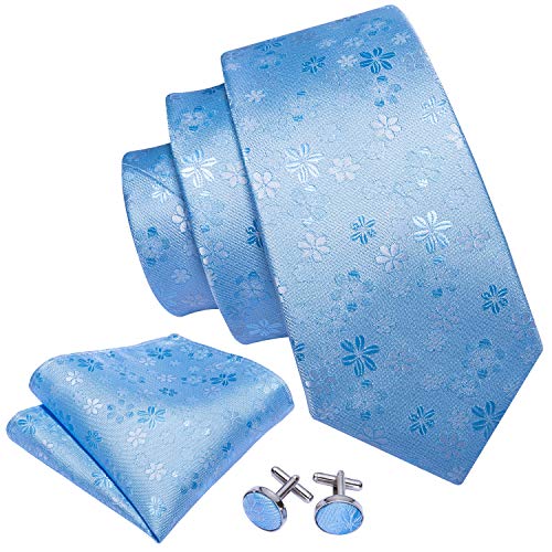 Barry.Wang Men Silk Floral Ties Sky Blue Fashion Neckties Pocket Square Cufflinks Set Wedding Party Formal