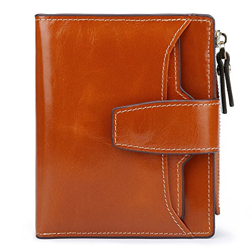 AINIMOER Women's RFID Blocking Leather Small Compact Bi-fold Zipper Pocket Wallet Card Case Purse (Waxed Camel)