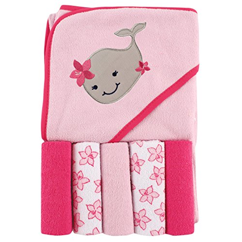 Unisex Baby Hooded Towel with Five Washcloths, Girly Whale