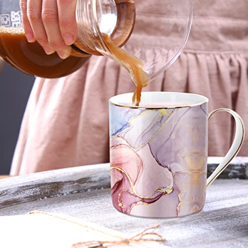 WAVEYU Ceramic Mug for Women, Coffee Water Mug Cup Marble Design with Handle for Home Office, Decorative Cute Coffee Tea Cup for Girls Teachers Colleagues, 14 oz, Pink Marble