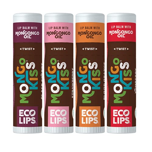 Eco Lips Mongo Kiss Organic Lip Balm 4 Pack Blood Orange, Yumberry, Strawberry Lavender, Black Cherry - 100 Percent USDA Organic - Soothe, Moisturize Dry, Cracked and Chapped Lips - Made in USA