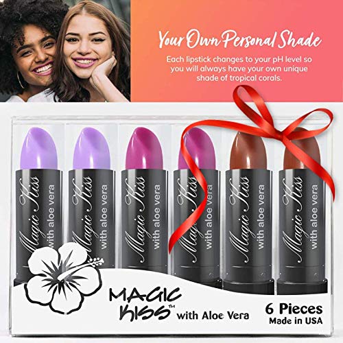 Pack of 6 Magic Kiss Color Changing Aloe Vera Lipstick Set Made in USA (Colors of Aloha 5)