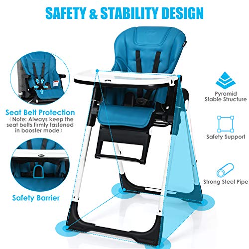 INFANS 4 in 1 High Chair–Booster Seat, Convertible Highchair w/Adjustable Height and Recline, Removable Tray, Detachable Cushion, Installation-Free, Simple Fold for Baby, Infant & Toddler, Blue