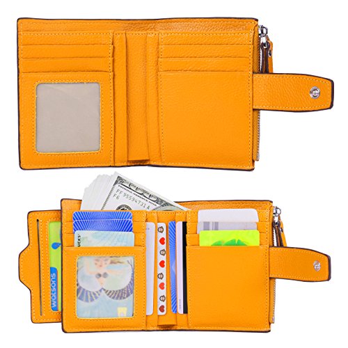 AINIMOER Women's RFID Blocking Leather Small Compact Bi-fold Zipper Pocket Wallet Card Case Purse(Lichee Yellow)