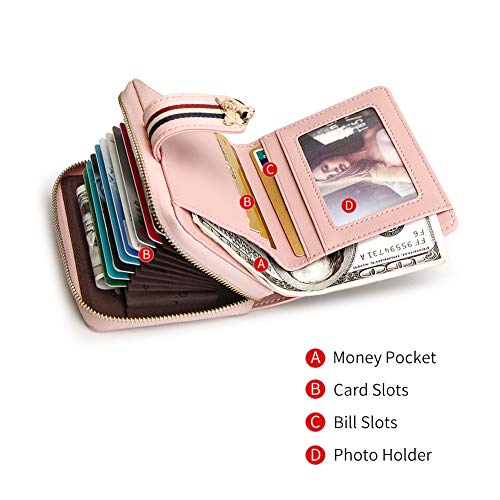 Small Leather Wallets for Women, Split Cowhide Gift Box Packing Ladies Bifold Purses with Zipper Coin Pocket Women's Mini Zip Around Wallets Girls Compact Card Case Purse Credit Card Holders (Pink)