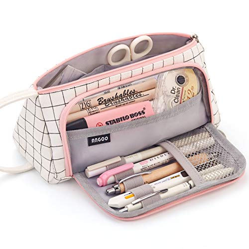 EASTHILL Large Capacity Colored Canvas Storage Pouch Marker Pen Pencil Case Simple Stationery Bag Holder For Middle High School Office College Student Girl Women Adult Teen Gift White Plaid