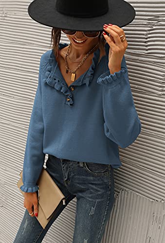 BTFBM Women's Sweaters Casual Long Sleeve Button Down Crew Neck Ruffle Knit Pullover Sweater Tops Solid Color Striped (Solid Dark Blue, Medium)