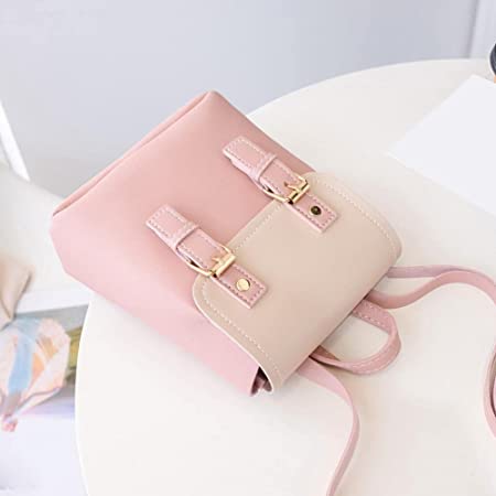 Girls Colorblock Backpack Pink PU Leather Multi-Function Travel Mini Backpack
