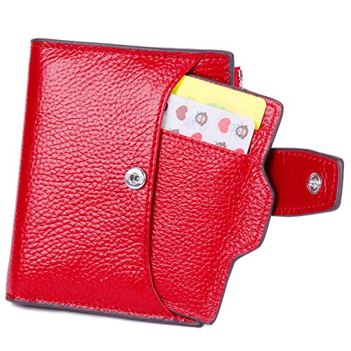 AINIMOER Women's RFID Blocking Leather Small Compact Bi-fold Zipper Pocket Wallet Card Case Purse (Lichee Red)