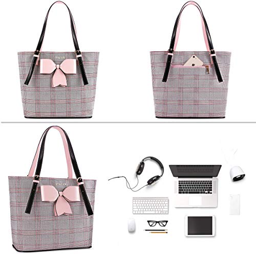 Elegant 16.9" Pink & Gray Tweed Print Laptop Tote Bag, Large Capacity Business Travel Briefcase Handbag with Bow Knot