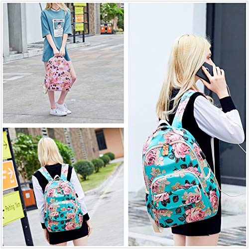 Pink and Black Floral School Girl's Backpack, Bookbag, Daypack w/USB Charging Port