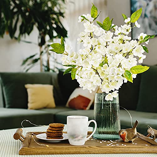 Sunm Boutique 6PCS 20In White Pink Cherry Blossom Flowers Artificial Peach Blossom Flower Silk Cherry Blossom Branches with Leaves White Plum Blossom Flowers for Wedding Home Indoor Outdoor Decor