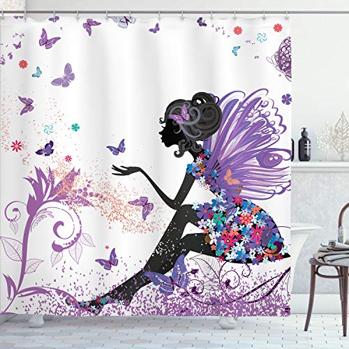Ambesonne Fantasy Shower Curtain, Spring Girl Wings in a Floral Dress Surreal Garden Butterflies Print, Cloth Fabric Bathroom Decor Set with Hooks, 69" W x 70" L, Fuchsia White