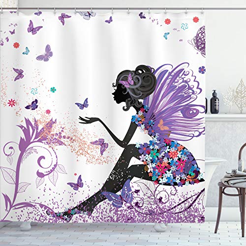 Ambesonne Fantasy Shower Curtain, Spring Girl Wings in a Floral Dress Surreal Garden Butterflies Print, Cloth Fabric Bathroom Decor Set with Hooks, 69