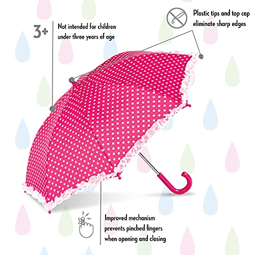 Kids Pink Polka Umbrella, 33 Inches, Compact, Pinch-Proof, Easy Grip Handle