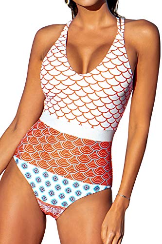 Women's Pink, Orange & Blue Geometric Fishtail Print One-Piece Swimsuit