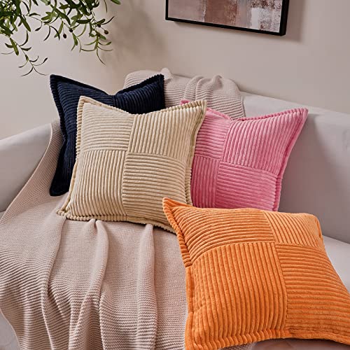 Topfinel Pack of 2 Decorative Broadside Throw Pillow Cover with Splicing, Striped Corduroy Square Cushion Pillowcase for Sofa Couch Bed Chair (18x18 Inch/Navy)