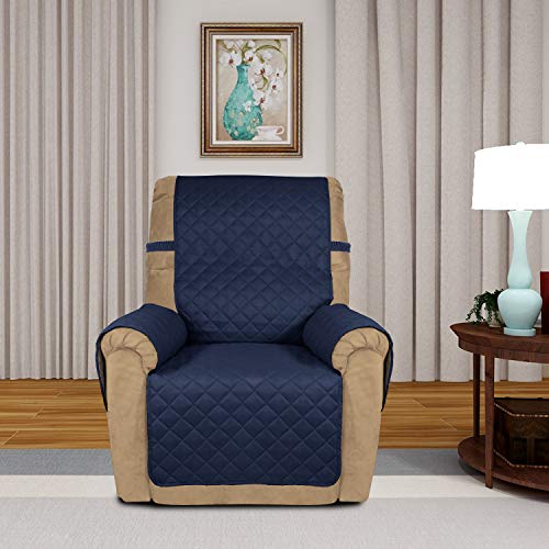 PureFit Reversible Quilted Recliner Sofa Cover, Water Resistant Slipcover Furniture Protector, Washable Couch Cover with Elastic Straps for Kids, Dogs, Pets (Recliner, Navy/Ivory)
