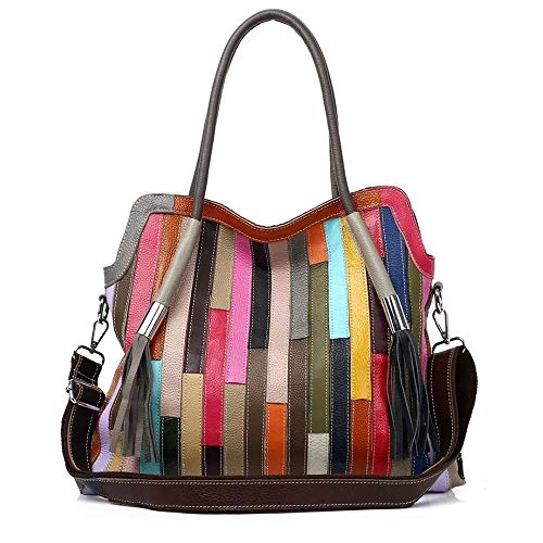 Women’s Multicolor Genuine Leather Striped Large Boston Bag Tote Bag