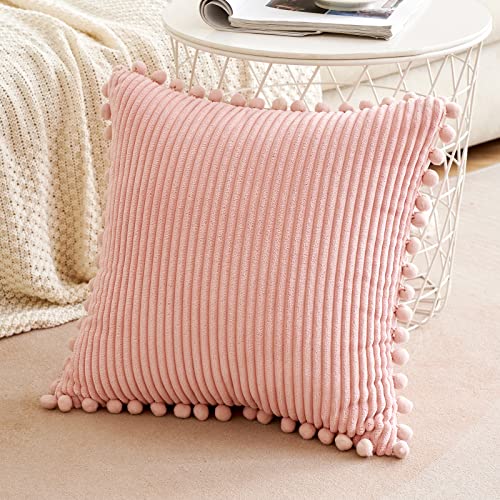 MIULEE Boho Decorative Throw Pillow Covers with Pom-poms, Soft Corduroy Square Solid Lumbar Cushion Cases for Spring Couch Sofa Bedroom, 18x18 inch Pink