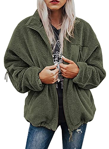 BTFBM Women Long Sleeve Full Zip Jackets Casual Solid Color Loose Fleece Short Teddy Coats Jacket Outerwear With Pockets(Solid Green, Medium)