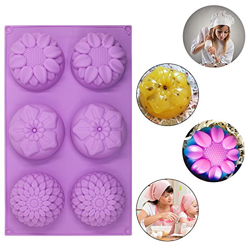 6-Cavity Silicone Flower Shape Cake Molds, YuCool 3 Packs Fondant Shape Decorating Ice Cube Trays for Homemade Cake Chocolate Cupcake - Purple Green Pink