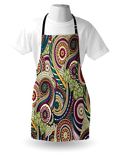 Lunarable Batik Apron, Funk Design Circle Forms Made Floral Lines and Paisley Shapes Style, Unisex Kitchen Bib with Adjustable Neck for Cooking Gardening, Adult Size, Teal Pink