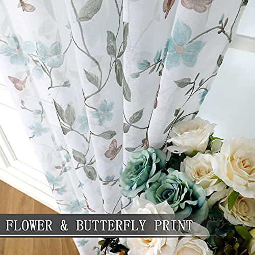 Tollpiz Short Sheer Floral Tier Curtains Blue Flower Butterfly Printed Half Window Curtain Rod Pocket Kitchen Voile Faux Linen Curtains for Bathroom, 30 x 24 inches Long, Set of 2 Panels