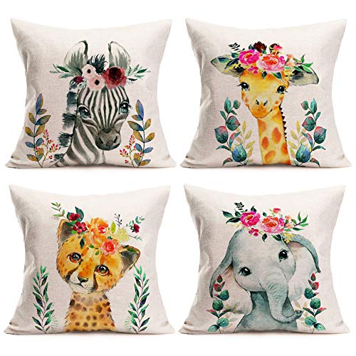 Aremetop Watercolor Animal Flower Pillow Covers Farmhouse Outdoor Decor Pillowcases Adorable Cartoon Zebra Giraffe Tiger Elephant Wearing Floral Decorative Throw Pillow Case Cushion Cover 18’’x18’’