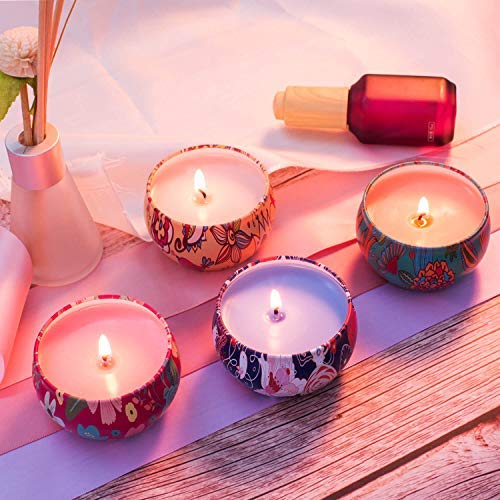 4-Pack Richly Scented Candle Set in Large Decorated Travel Tins, Flowers, Oil & Ocean