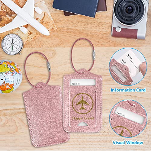 ACdream Luggage Tags 2 Pack, Leather Suitcase Tags Identifiers, Cute Cruise ID Labels with Privacy Cover fits on Backpack, Travel Bag, for Women, Men, Adults, Kids, Rose Gold