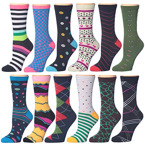 Women's Colorful Dots & Stripes Patterned Fashion Crew Socks, 12-Pack