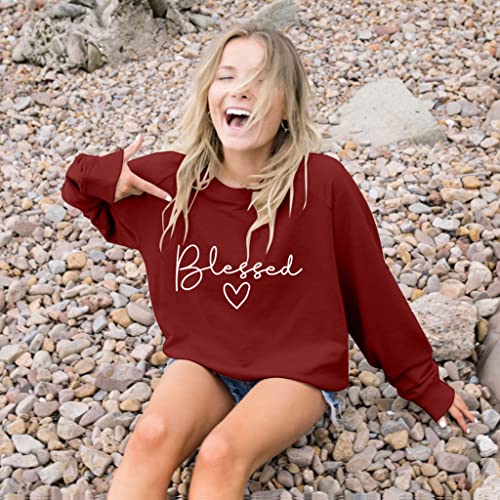 Blessed Sweatshirt for Women Letter Print Lightweight Thanksgiving Pullover Tops Blouse (Red, Small)