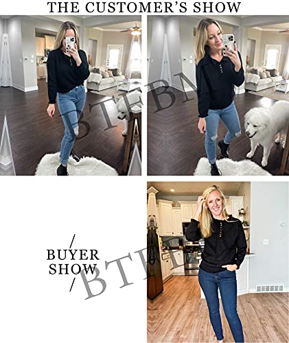 BTFBM Women's Sweaters Casual Long Sleeve Button Down Crew Neck Ruffle Knit Pullover Sweater Tops Solid Color Striped(Solid Black, Medium)