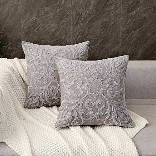 HPUK Embroidered Boho Throw Pillow Covers 18x18 inch, Set of 2 Emroidery Accent Couch Pillows for Living Room, Bedroom, Sofa, Chair, Grey