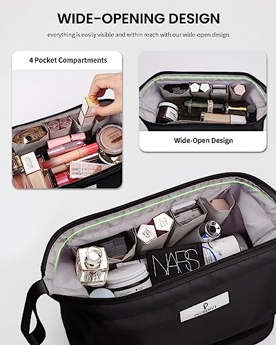 Pocmimut Makeup Bag,Cosmetic Bag for Women Travel Makeup Bag Large Double Layers Make Up Brush Bags Toiletry Bag for Men(Black)