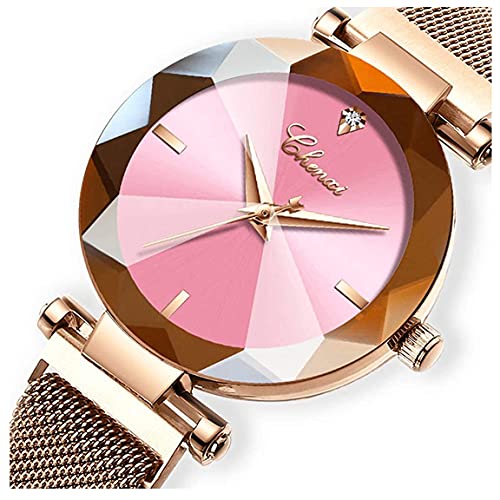 Fashion Women's Analog Quartz Watches Luxury Diamond Stainless Steel Mesh Band Wrist Watches for Women (A Pink)