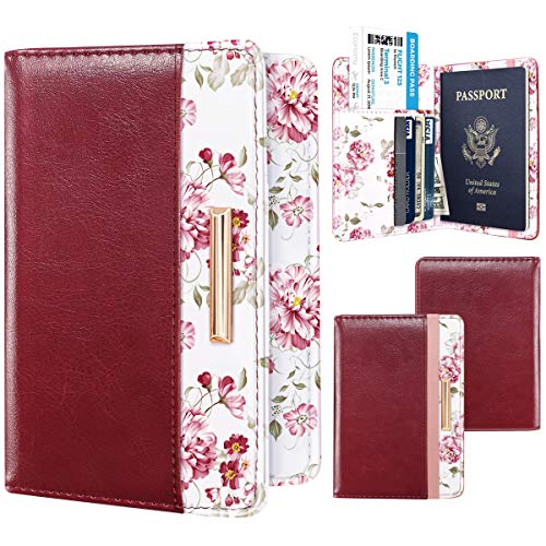 Passport Holder Cover Travel Wallet RFID Blocking Cute Flowers Passport Wallet with Elastic Band for Women,Red