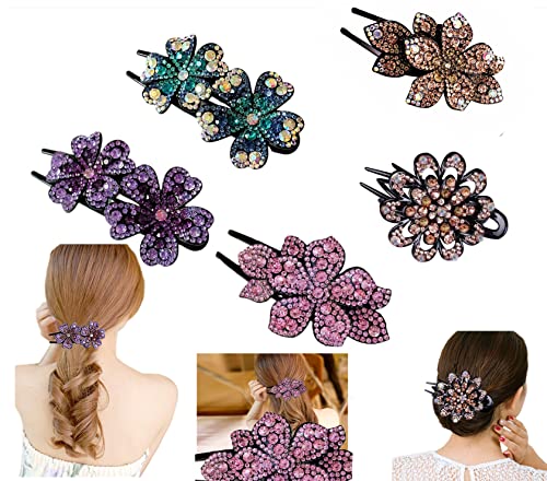 Double Flower Fancy Rhinestone Colorful Hair Clips for Women, 5-Piece Set