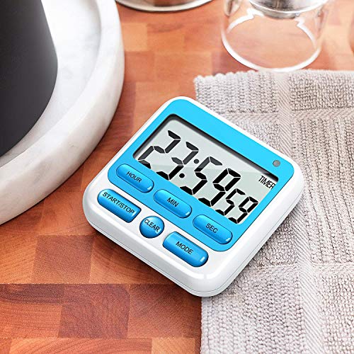 KTKUDY Digital Kitchen Timer with Mute/Loud Alarm Switch ON/Off Switch, 24 Hour Clock & Alarm, Memory Function Count Up & Count Down for Kids Teachers Cooking, Large LCD Display, Strong Magnet (Blue)