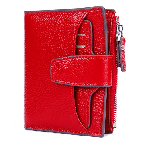 AINIMOER Women's RFID Blocking Leather Small Compact Bi-fold Zipper Pocket Wallet Card Case Purse (Lichee Red)
