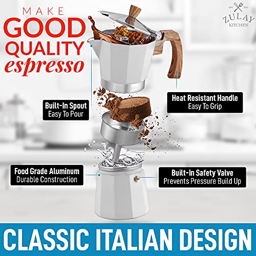 Zulay Classic Stovetop Espresso Maker for Great Flavored Strong Espresso, Classic Italian Style 5.5 Espresso Cup Moka Pot, Makes Delicious Coffee, Easy to Operate & Quick Cleanup Pot (White)