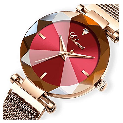 Women's Watches Fashion Crystal Cutting Mirror Wrist Watch for Woman Rose Gold Stainless Steel Mesh Band Waterproof Analog Quartz Watches
