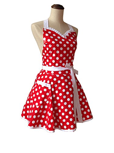 Hyzrz Lovely Sweetheart Retro Kitchen Aprons Woman Girl Cotton Polka Dot Cooking Salon Pinafore Vintage Apron Mother‘s Gift (Red)