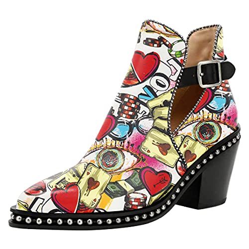 Women's Cartoon Poker Cards Studded Leather Chunky Heel Ankle Boots w/Buckle, Sizes 4 to 15