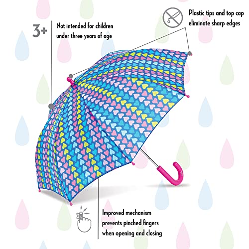 Kids Pastel Colored Hearts Umbrella, 33 Inches, Compact, Pinch-Proof, Easy Grip Handle