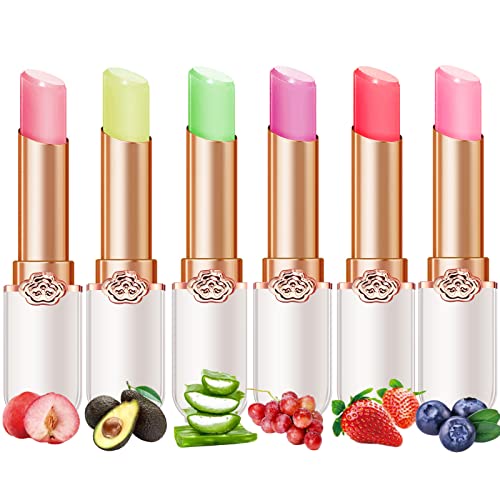 6 Pcs/Set Peach Aloe Vera Strawberry Blueberry Avocado Grape Jelly Lipstick Set Temperature Change Moisturizer flower Lip Stick Long Lasting Nutritious Lip Balm Magic Color Change Lip Gloss