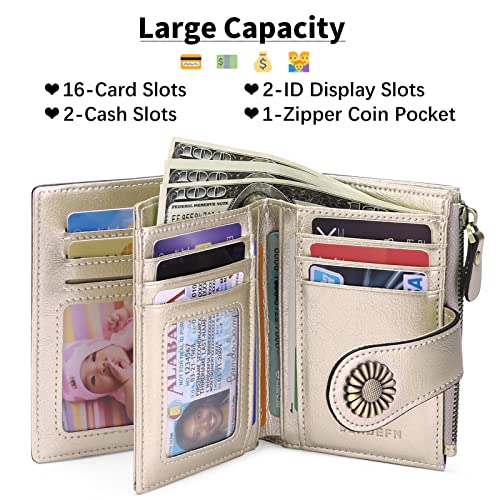 SENDEFN Small Women Wallet Genuine Leather Bifold Purse with ID Window (Gold)